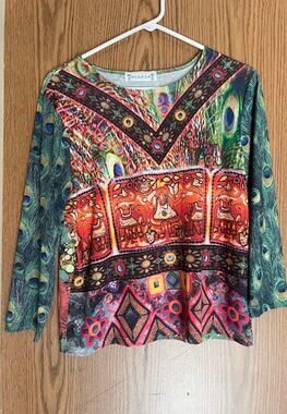 The Museum Store Peacock Feather Marbled Cowl Faux Wrap Top 3/4 Sleeve